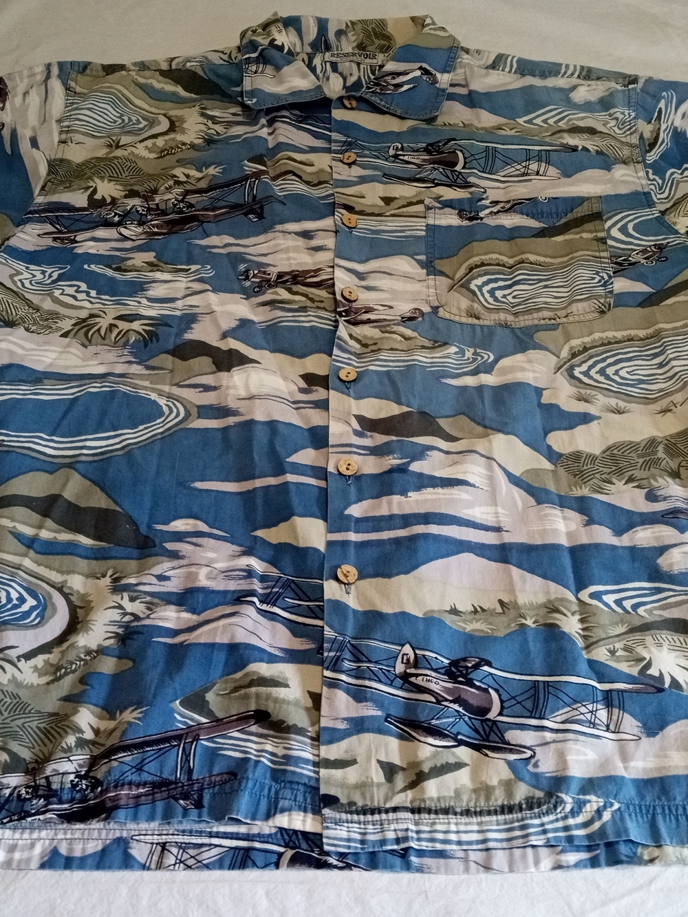Reservoir Worldwide Blue Hawaiian Planes Flying Shirt Cotton Men's Large